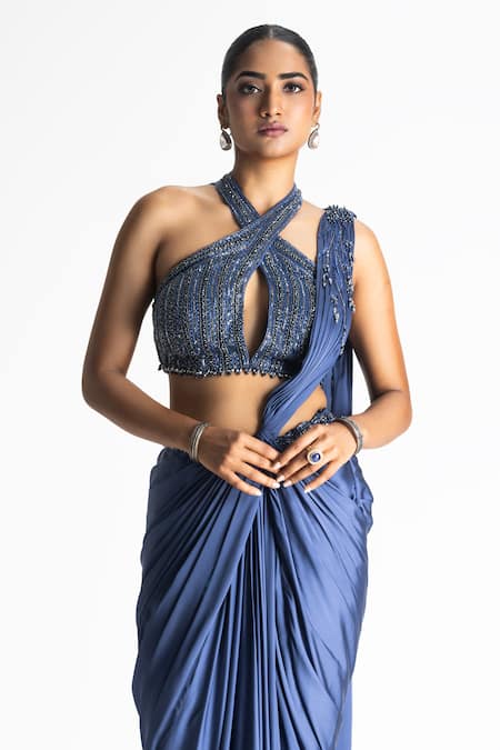 Buy_Nitika Gujral_Blue Satin, Organza Beads, Sequins Twisted Pleat Pre-draped Saree With Blouse _Online_at_Aza_Fashions
