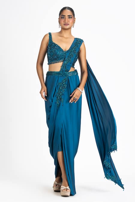 Nitika Gujral Crystal Vine Embellished Pre-Draped Saree With Blouse 