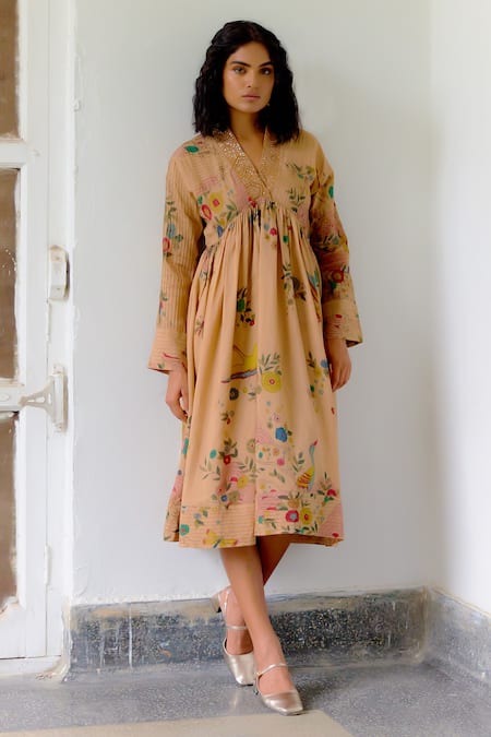 Archana Jaju Hand Painted Floral Kalamkari Crane Dress 