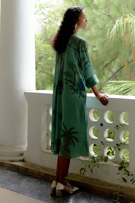 Shop Archana Jaju Blue Satin, Silk Round Neck Jungle Hand Painted Kalamkari Dress at Aza Fashions Shop_Archana Jaju_Blue Satin, Silk Round Neck Jungle Hand Painted Kalamkari Dress_at_Aza_Fashions