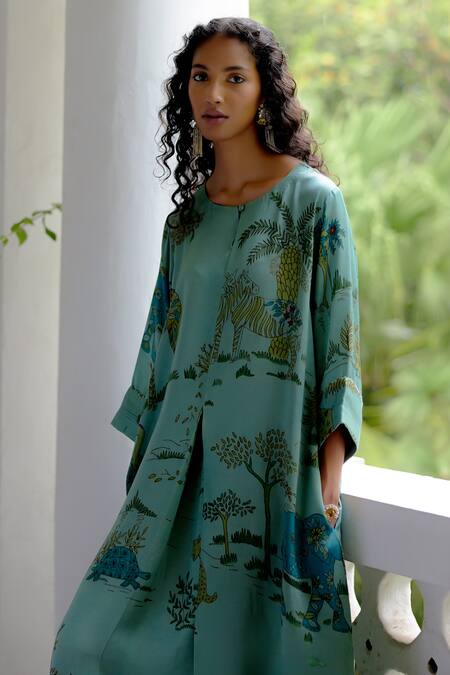 Archana Jaju Blue Satin, Silk Round Neck Jungle Hand Painted Kalamkari Dress Online at Aza Fashions Archana Jaju_Blue Satin, Silk Round Neck Jungle Hand Painted Kalamkari Dress_Online_at_Aza_Fashions