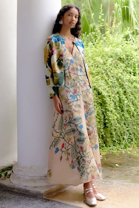 Buy Archana Jaju Ivory Floral Mosaic Pattern Jacket And Dress Set Online |  Aza Fashions