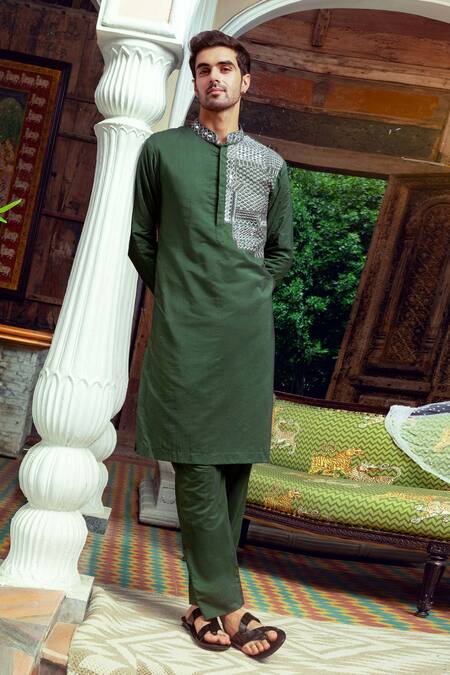 Shop_Diyarajvvir_Green Cotton, Silk Embroidery, Cut Work Olive Bundi And Kurta Set _at_Aza_Fashions