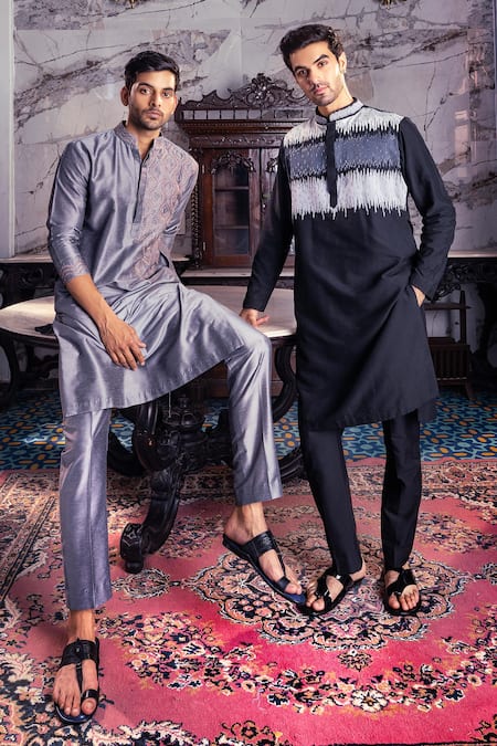Shop_Diyarajvvir_Black Cotton, Silk Cut Work Ombre Embroidered Kurta Set _at_Aza_Fashions