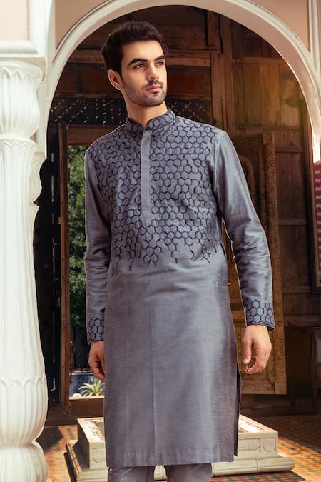 Shop_Diyarajvvir_Grey Cotton, Silk Embroidery Kurta Set _at_Aza_Fashions
