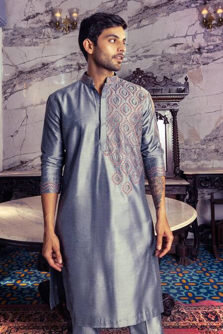 Shop_Diyarajvvir_Grey Cotton, Silk Embroidery Kurta Set _at_Aza_Fashions
