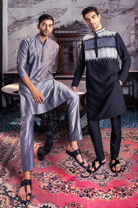 Diyarajvvir_Grey Cotton, Silk Embroidery Kurta Set _Online_at_Aza_Fashions