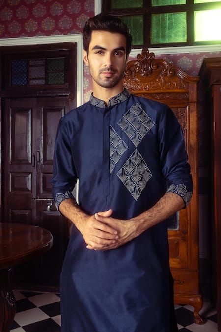 Shop_Diyarajvvir_Blue Cotton, Silk Pearls, Embroidery Diamond Pattern Bundi And Kurta Set _at_Aza_Fashions