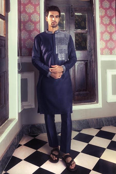 Shop Diyarajvvir Blue Cotton Mirrors, Sequins, Embroidery Tribal Block Kurta Set at Aza Fashions Shop_Diyarajvvir_Blue Cotton Mirrors, Sequins, Embroidery Tribal Block Kurta Set _at_Aza_Fashions