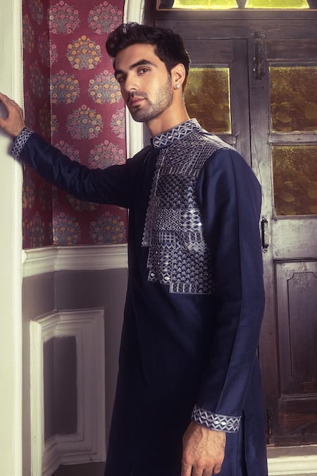 Diyarajvvir Blue Cotton Mirrors, Sequins, Embroidery Tribal Block Kurta Set Online at Aza Fashions Diyarajvvir_Blue Cotton Mirrors, Sequins, Embroidery Tribal Block Kurta Set _Online_at_Aza_Fashions