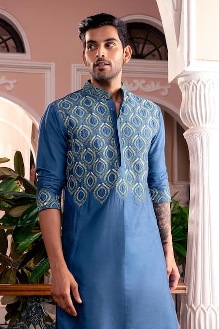 Shop Diyarajvvir Blue Cotton Embroidery Ombre Thread Kurta Set at Aza Fashions Shop_Diyarajvvir_Blue Cotton Embroidery Ombre Thread Kurta Set _at_Aza_Fashions