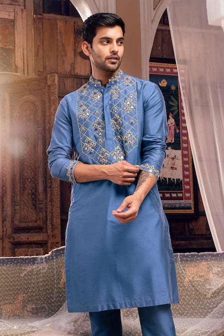 Shop Diyarajvvir Blue Cotton, Silk Embroidery Thread Yoke Kurta Set at Aza Fashions Shop_Diyarajvvir_Blue Cotton, Silk Embroidery Thread Yoke Kurta Set _at_Aza_Fashions