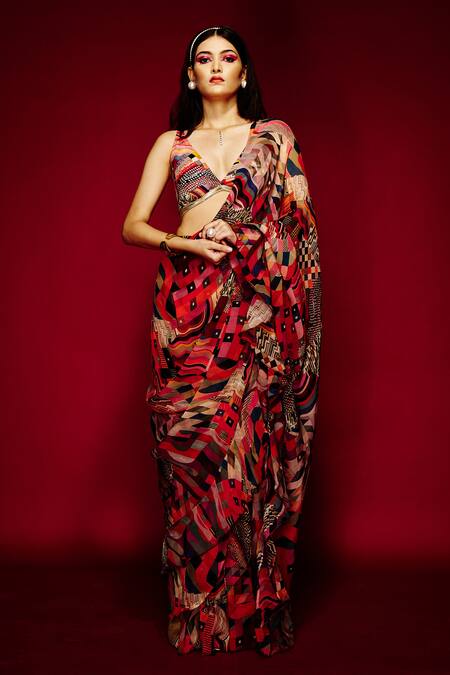 Esha L Amin_Multi Color Viscose V-neck Geometric Print Blouse _Online_at_Aza_Fashions