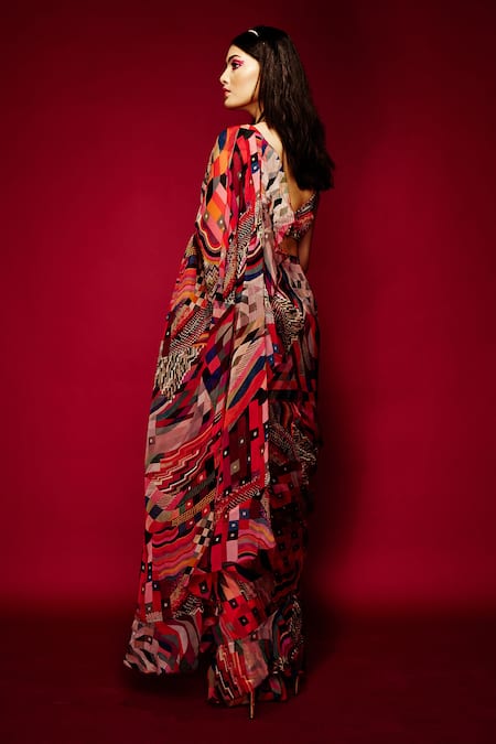 Buy_Esha L Amin_Multi Color Viscose V-neck Geometric Print Blouse _Online_at_Aza_Fashions