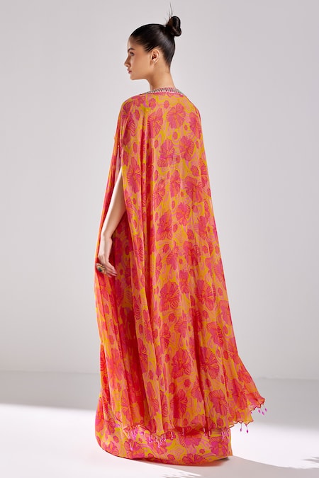 Shop Diyarajvvir Pink Modal, Georgette Crystals, Tassels Round Foliage Print Cape Dhoti Skirt Set at Aza Fashions Shop_Diyarajvvir_Pink Modal, Georgette Crystals, Tassels Round Foliage Print Cape Dhoti Skirt Set _at_Aza_Fashions