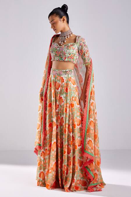 Diyarajvvir Green Tulle, Crepe, Silk, Satin Tassels Floral Blossom Print Lehenga Set Online at Aza Fashions Diyarajvvir_Green Tulle, Crepe, Silk, Satin Tassels Floral Blossom Print Lehenga Set _Online_at_Aza_Fashions
