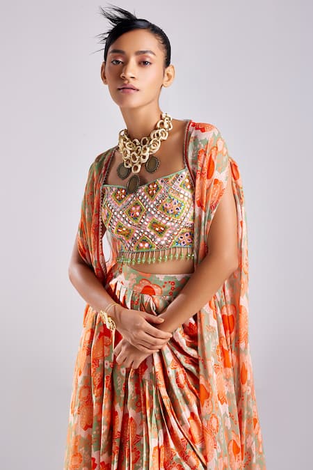 Shop Diyarajvvir Green Cotton, Silk, Georgette Foliage Print Cape Set With Embellished Crop Top Online at Aza Fashions Shop_Diyarajvvir_Green Cotton, Silk, Georgette Foliage Print Cape Set With Embellished Crop Top _Online_at_Aza_Fashions