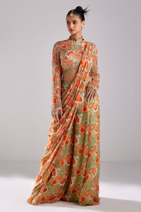DiyaRajvvir Green Modal Pre Draped Sharara Saree With Cutdana Embellished Blouse 