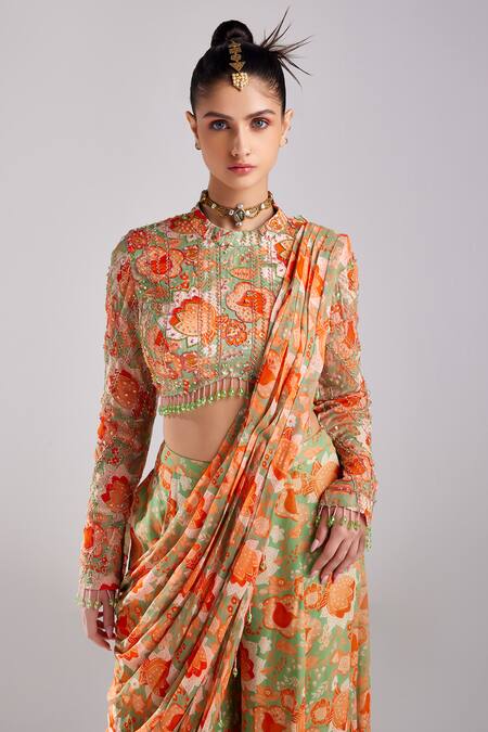 Diyarajvvir Green Georgette, Modal Pre Draped Sharara Saree With Cutdana Embellished Blouse Online at Aza Fashions Diyarajvvir_Green Georgette, Modal Pre Draped Sharara Saree With Cutdana Embellished Blouse _Online_at_Aza_Fashions