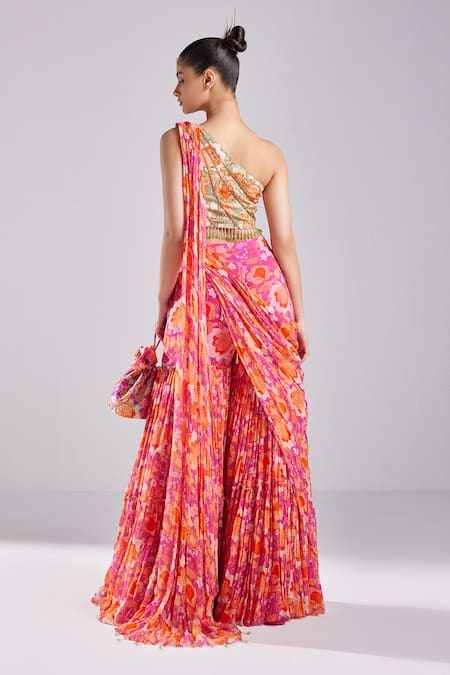 Diyarajvvir Floral Jaal Print Pre Draped Gharara Saree Set 