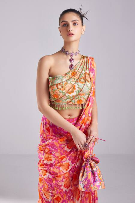 Diyarajvvir_Fuchsia Modal, Georgette, Tulle, Floral Jaal Print Pre Draped Gharara Saree Set _Online_at_Aza_Fashions