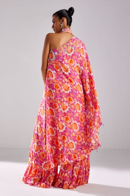 Shop Diyarajvvir Fuchsia Crepe Crystals, Tassels Asymmetric Jaal Print Kaftan Sharara Set at Aza Fashions Shop_Diyarajvvir_Fuchsia Crepe Crystals, Tassels Asymmetric Jaal Print Kaftan Sharara Set _at_Aza_Fashions