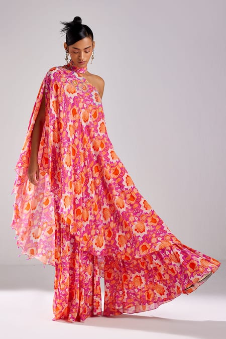 Diyarajvvir Fuchsia Crepe Crystals, Tassels Asymmetric Jaal Print Kaftan Sharara Set Online at Aza Fashions Diyarajvvir_Fuchsia Crepe Crystals, Tassels Asymmetric Jaal Print Kaftan Sharara Set _Online_at_Aza_Fashions