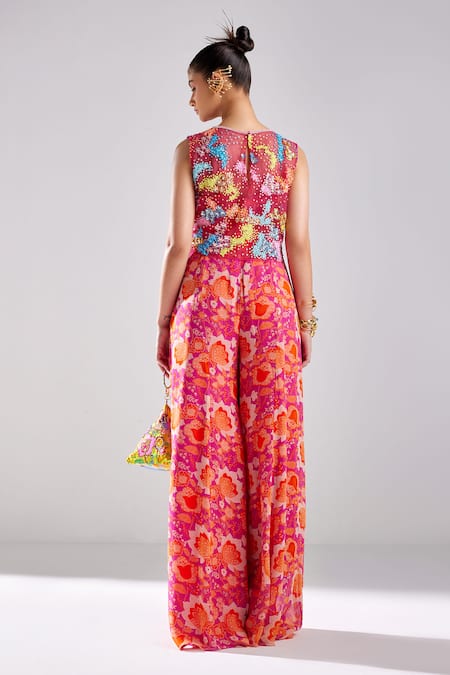 Shop Diyarajvvir Fuchsia Tulle, Georgette, Silk Sequins Round Embroidered Crop Top Jumpsuit Set at Aza Fashions Shop_Diyarajvvir_Fuchsia Tulle, Georgette, Silk Sequins Round Embroidered Crop Top Jumpsuit Set _at_Aza_Fashions