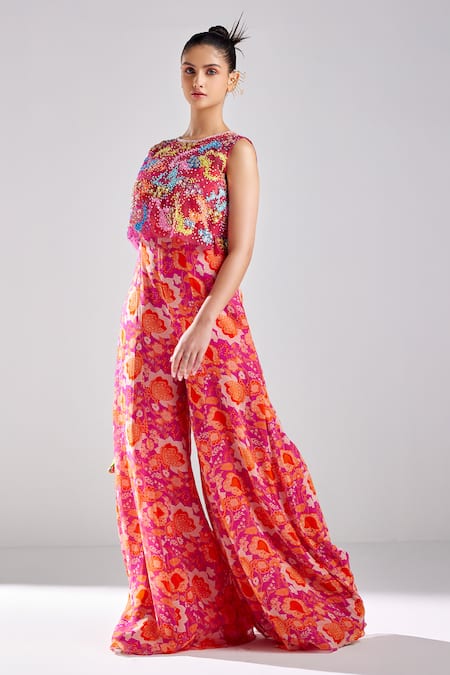 Diyarajvvir Fuchsia Tulle, Georgette, Silk Sequins Round Embroidered Crop Top Jumpsuit Set Online at Aza Fashions Diyarajvvir_Fuchsia Tulle, Georgette, Silk Sequins Round Embroidered Crop Top Jumpsuit Set _Online_at_Aza_Fashions