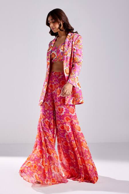 Diyarajvvir Fuchsia Georgette, Modal Tassels, Flower Print Blazer Bell Bottom Pant Set Online at Aza Fashions Diyarajvvir_Fuchsia Georgette, Modal Tassels, Flower Print Blazer Bell Bottom Pant Set _Online_at_Aza_Fashions