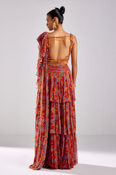 Diyarajvvir Floral Jaal Print Pre Draped Ruffle Saree With Blouse 