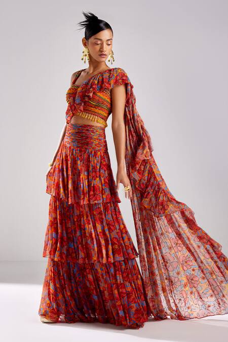Diyarajvvir_Orange Georgette Crystals, Floral Jaal Print Pre Draped Ruffle Saree With Blouse _Online_at_Aza_Fashions