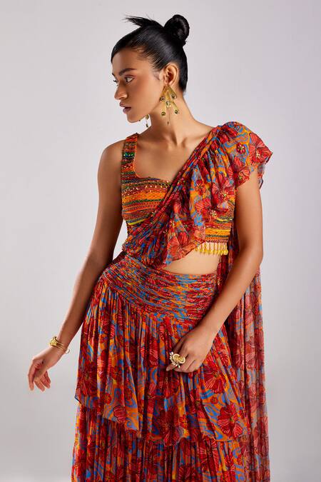Buy_Diyarajvvir_Orange Georgette Crystals, Floral Jaal Print Pre Draped Ruffle Saree With Blouse _Online_at_Aza_Fashions