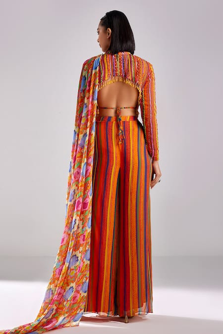 Shop Diyarajvvir Orange Georgette, Tulle, Linen Stripe Print Pre Draped Pant Saree With Blouse at Aza Fashions Shop_Diyarajvvir_Orange Georgette, Tulle, Linen Stripe Print Pre Draped Pant Saree With Blouse _at_Aza_Fashions
