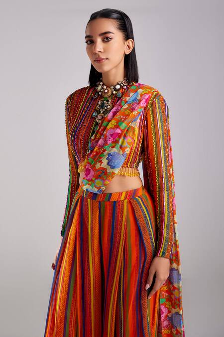 Diyarajvvir Orange Georgette, Tulle, Linen Stripe Print Pre Draped Pant Saree With Blouse Online at Aza Fashions Diyarajvvir_Orange Georgette, Tulle, Linen Stripe Print Pre Draped Pant Saree With Blouse _Online_at_Aza_Fashions