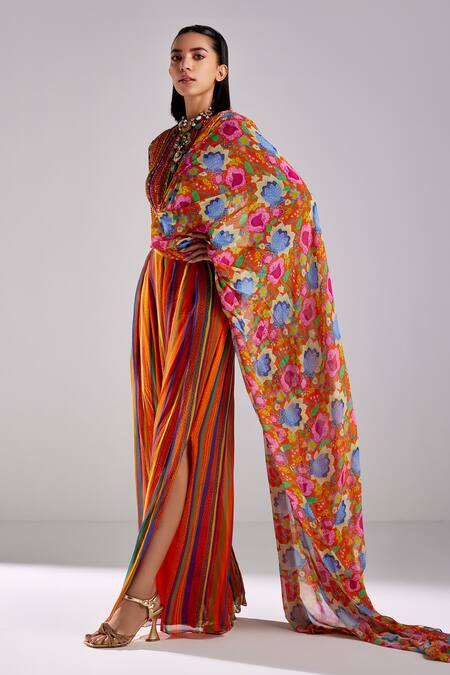 Buy Diyarajvvir Orange Georgette, Tulle, Linen Stripe Print Pre Draped Pant Saree With Blouse Online at Aza Fashions Buy_Diyarajvvir_Orange Georgette, Tulle, Linen Stripe Print Pre Draped Pant Saree With Blouse _Online_at_Aza_Fashions