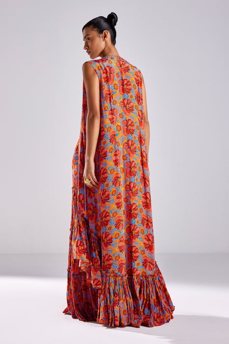 Shop Diyarajvvir Orange Crepe, Modal Tassels, Floral Garden Print High Low Cape Gharara Set at Aza Fashions Shop_Diyarajvvir_Orange Crepe, Modal Tassels, Floral Garden Print High Low Cape Gharara Set _at_Aza_Fashions
