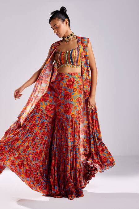 Diyarajvvir Orange Crepe, Modal Tassels, Floral Garden Print High Low Cape Gharara Set Online at Aza Fashions Diyarajvvir_Orange Crepe, Modal Tassels, Floral Garden Print High Low Cape Gharara Set _Online_at_Aza_Fashions