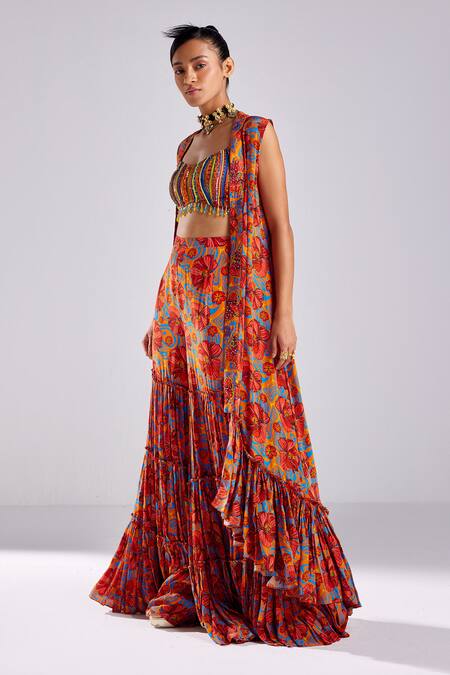 Buy Diyarajvvir Orange Crepe, Modal Tassels, Floral Garden Print High Low Cape Gharara Set Online at Aza Fashions Buy_Diyarajvvir_Orange Crepe, Modal Tassels, Floral Garden Print High Low Cape Gharara Set _Online_at_Aza_Fashions