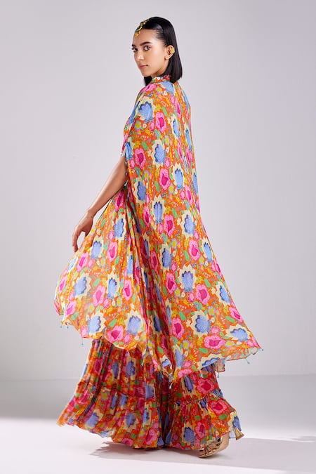 Shop Diyarajvvir Orange Modal, Georgette Crystals, Tassels V-neck Flower Print Cape Gharara Set at Aza Fashions Shop_Diyarajvvir_Orange Modal, Georgette Crystals, Tassels V-neck Flower Print Cape Gharara Set _at_Aza_Fashions