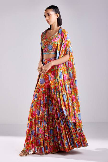 Diyarajvvir Orange Modal, Georgette Crystals, Tassels V-neck Flower Print Cape Gharara Set Online at Aza Fashions Diyarajvvir_Orange Modal, Georgette Crystals, Tassels V-neck Flower Print Cape Gharara Set _Online_at_Aza_Fashions
