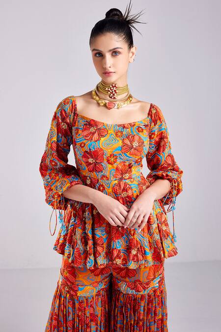 Diyarajvvir Orange Georgette, Modal, Tulle Botanic Print Peplum Kurta With Gharara Online at Aza Fashions Diyarajvvir_Orange Georgette, Modal, Tulle Botanic Print Peplum Kurta With Gharara _Online_at_Aza_Fashions