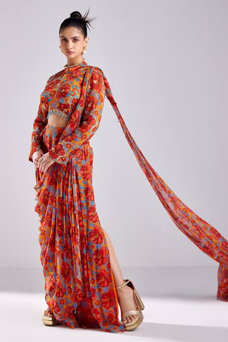 Buy Diyarajvvir Orange Georgette, Modal Tassels Round Rust Floral Wave Print Pre Draped Saree Online at Aza Fashions Buy_Diyarajvvir_Orange Georgette, Modal Tassels Round Rust Floral Wave Print Pre Draped Saree _Online_at_Aza_Fashions