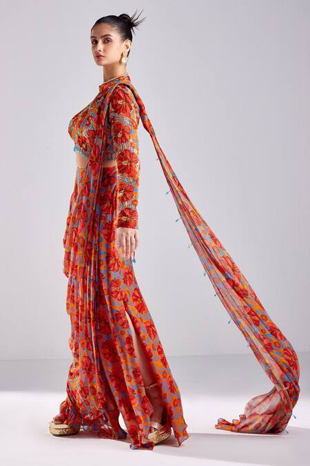 Shop Diyarajvvir Orange Georgette, Modal Tassels Round Rust Floral Wave Print Pre Draped Saree Online at Aza Fashions Shop_Diyarajvvir_Orange Georgette, Modal Tassels Round Rust Floral Wave Print Pre Draped Saree _Online_at_Aza_Fashions