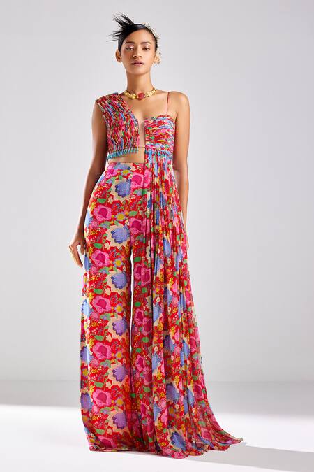 Diyarajvvir Red Georgette, Linen Embroidery Asymmetric Blossom Print Crop Top With Slit Pant Online at Aza Fashions Diyarajvvir_Red Georgette, Linen Embroidery Asymmetric Blossom Print Crop Top With Slit Pant _Online_at_Aza_Fashions