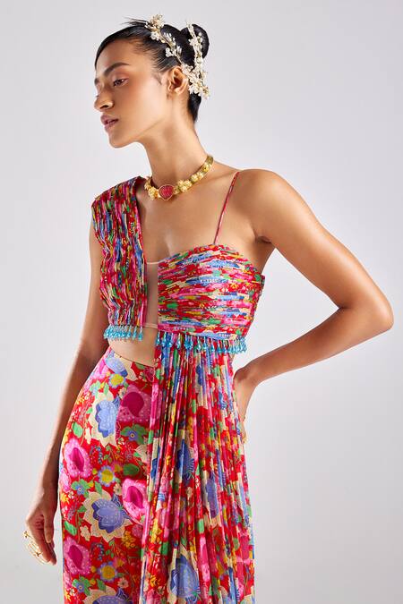 Shop Diyarajvvir Red Georgette, Linen Embroidery Asymmetric Blossom Print Crop Top With Slit Pant Online at Aza Fashions Shop_Diyarajvvir_Red Georgette, Linen Embroidery Asymmetric Blossom Print Crop Top With Slit Pant _Online_at_Aza_Fashions