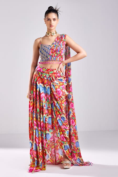 DiyaRajvvir Floral Blossom Print Crop Top With Dhoti Skirt 