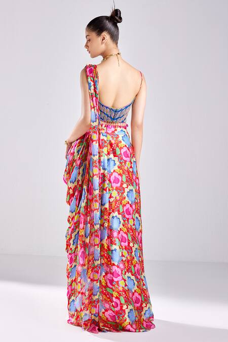 Shop Diyarajvvir Red Cotton, Silk, Georgette Floral Blossom Print Crop Top With Dhoti Skirt at Aza Fashions Shop_Diyarajvvir_Red Cotton, Silk, Georgette Floral Blossom Print Crop Top With Dhoti Skirt _at_Aza_Fashions