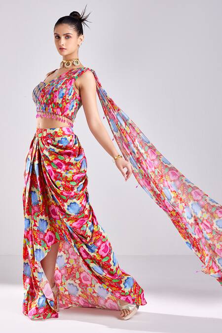 Diyarajvvir Red Cotton, Silk, Georgette Floral Blossom Print Crop Top With Dhoti Skirt Online at Aza Fashions Diyarajvvir_Red Cotton, Silk, Georgette Floral Blossom Print Crop Top With Dhoti Skirt _Online_at_Aza_Fashions