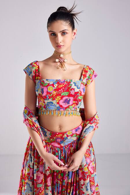 Diyarajvvir Red Modal, Crepe Tassels Square Neck Pleated Floral Print Lehenga Set Online at Aza Fashions Diyarajvvir_Red Modal, Crepe Tassels Square Neck Pleated Floral Print Lehenga Set _Online_at_Aza_Fashions